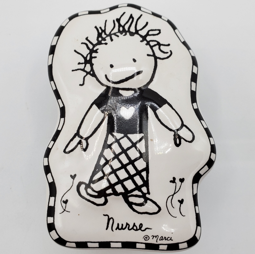Marci "A Nurse Gives The Gift Of Healing Love" Trinket Box W/Lid. Black & White